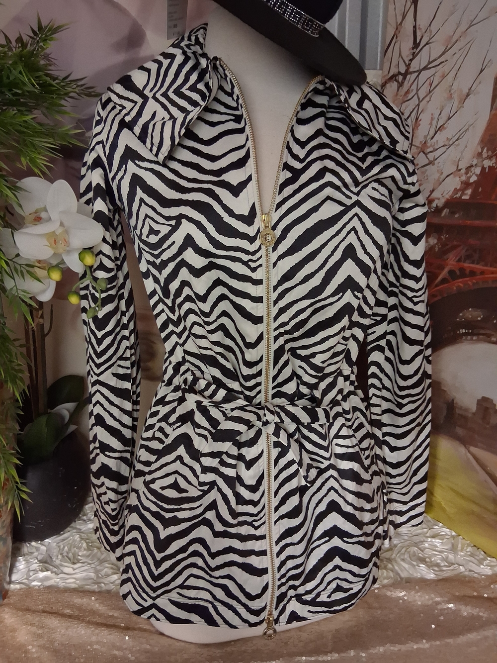 Dana Buchman Black & White Zebra-Print Zip-Front Bomber Jacket